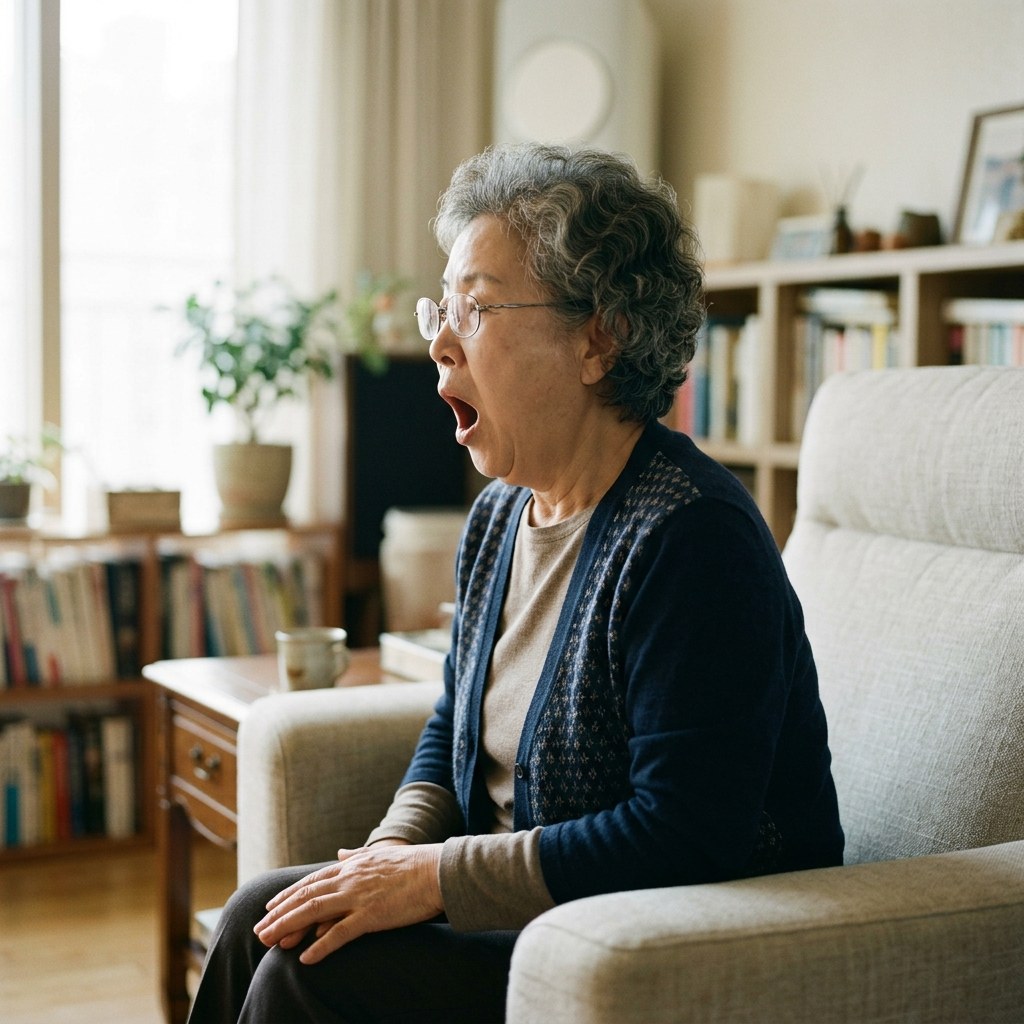 의자에 앉아 입을 크게 벌리고 턱을 아래로 내리며 하품하듯 '아-' 소리를 내는 70대 여성의 옆모습, 손은 무릎 위에 가지런히 올린 상태, 밝은 실내 배경