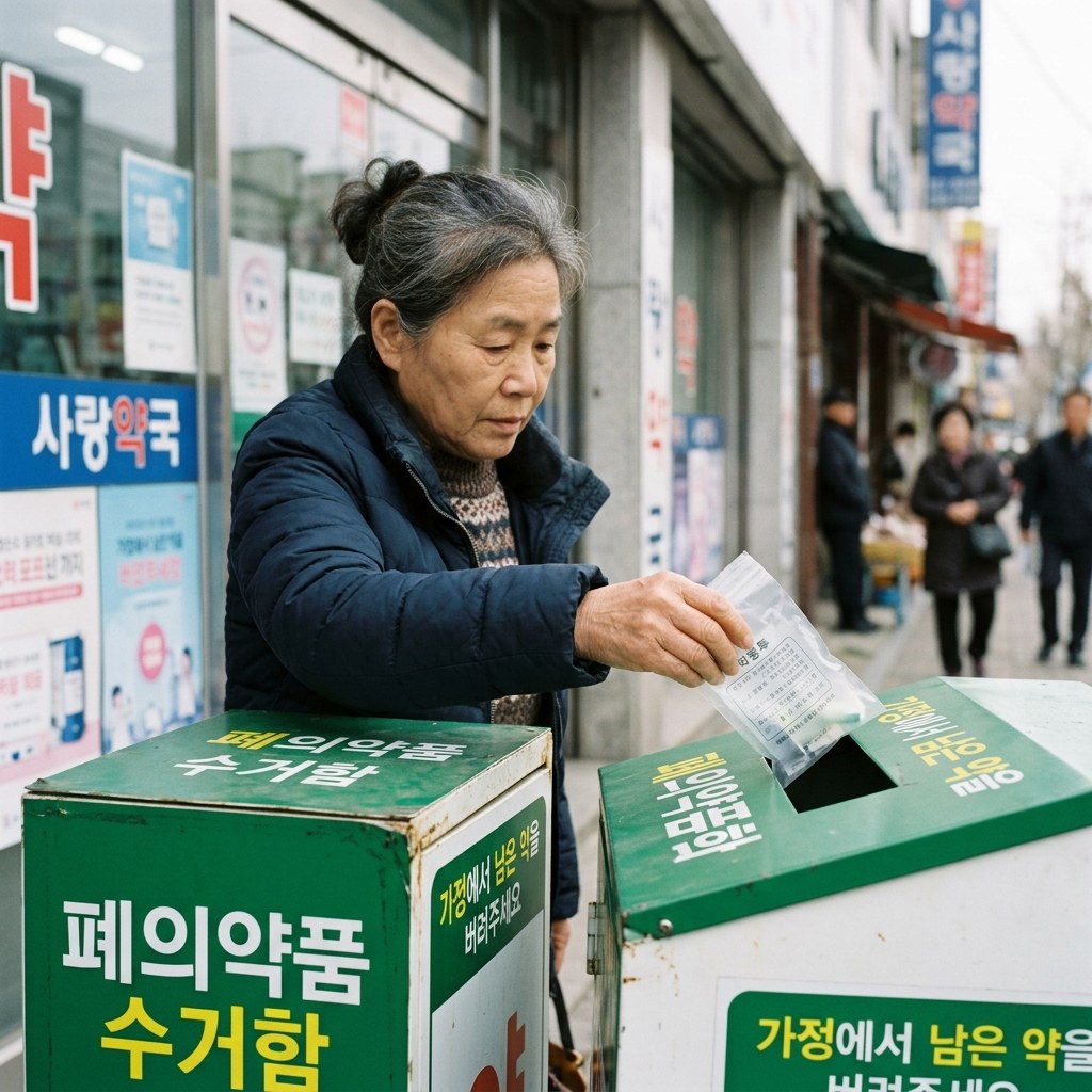 약국 앞에 설치된 폐의약품 수거함, 한 손이 알약 봉투를 수거함 입구에 넣는 장면