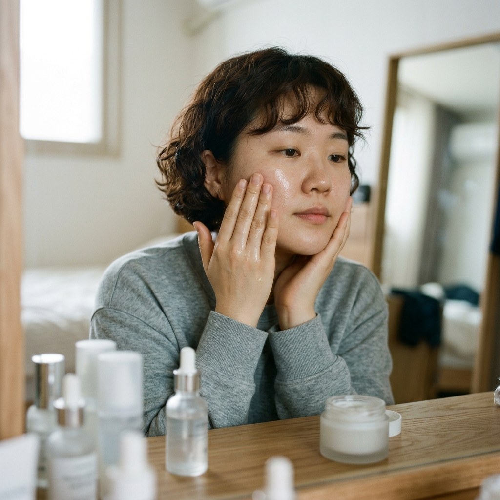 스킨케어 제품을 바르는 순서를 보여주는 화장대 위 세럼과 크림 용기들