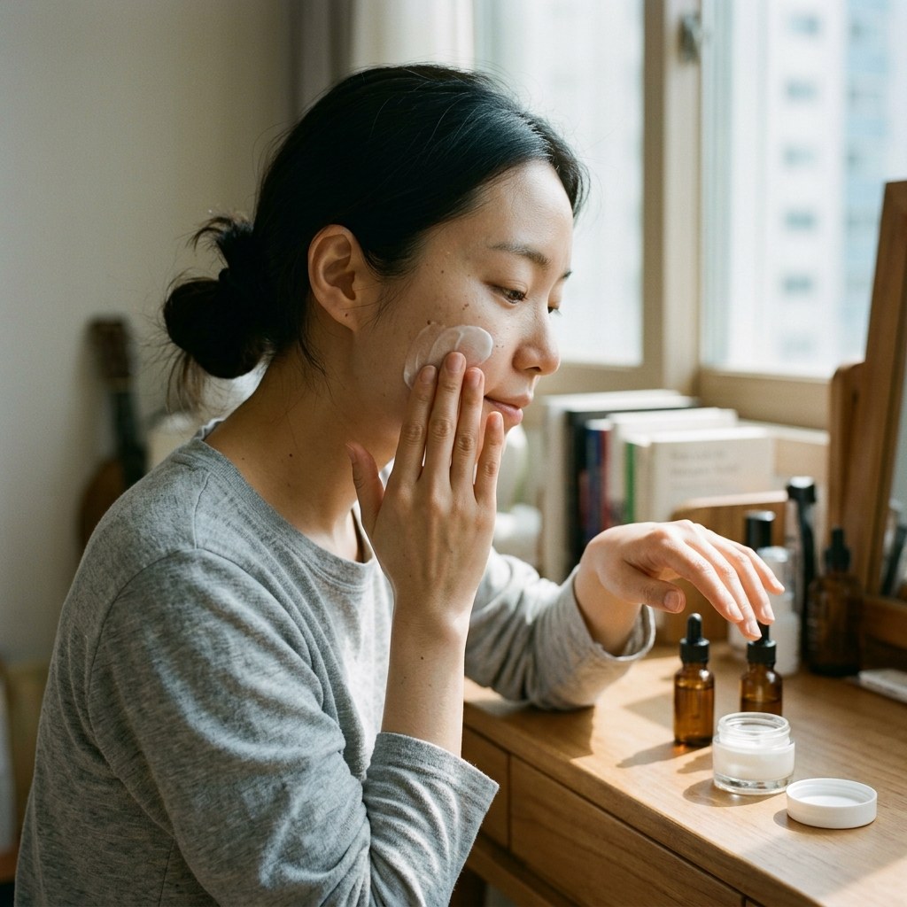 화장대 위에 놓인 앰플과 크림 용기, 손으로 제품을 펴 바르는 모습