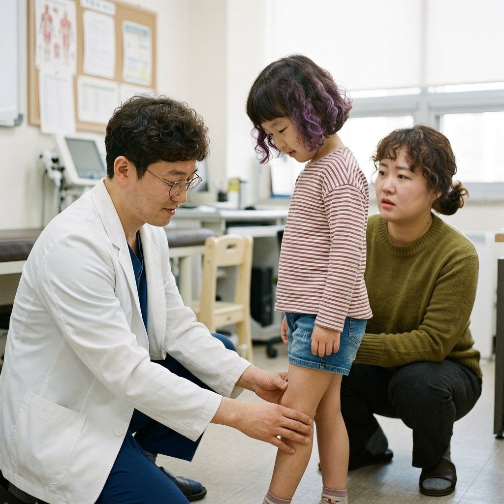 소아정형외과 진료실에서 아이의 다리 정렬을 확인하는 의료진과 보호자