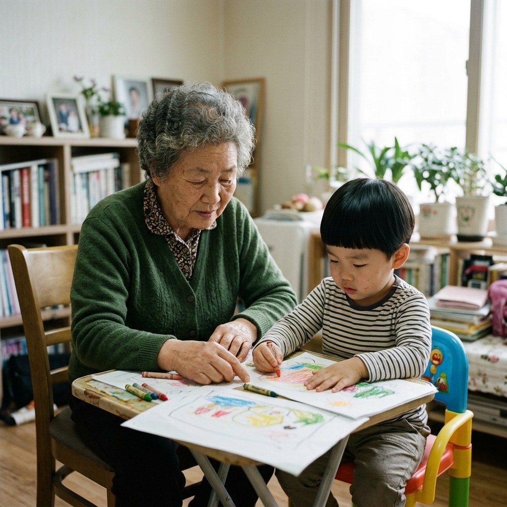 의자에 앉아 그림을 그리는 유아와 곁에서 지켜보는 할머니