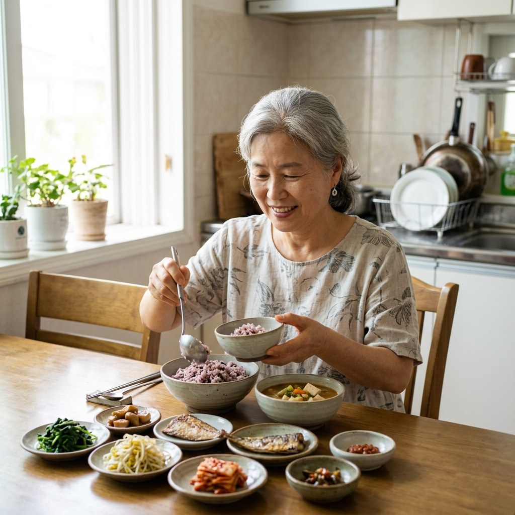 밝은 주방에서 잡곡밥과 나물 반찬을 차린 밥상 앞에 앉아 아침식사를 준비하는 한국인 70대 여성, 얇은 반팔 블라우스 착용, 자연광