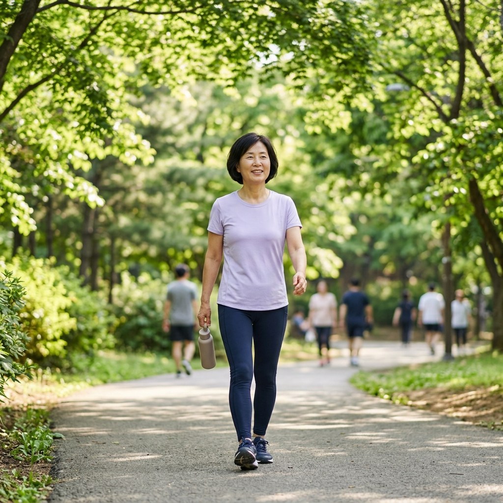 60대 초반 여성이 동네 공원 산책로를 가볍게 걷는 모습, 반팔 티셔츠에 운동화 차림, 푸른 잎과 햇빛이 드리운 초여름 풍경