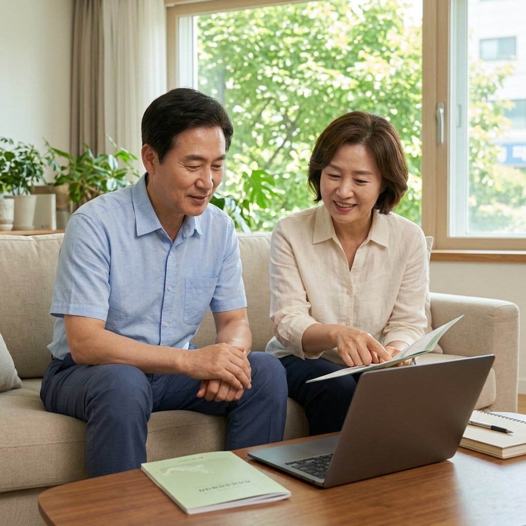 50대 중반 부부가 거실 소파에 앉아 노트북과 건강검진 결과지를 보며 식단 계획을 정리하는 모습, 창밖으로 푸른 잎과 밝은 햇빛이 보이는 초여름 배경