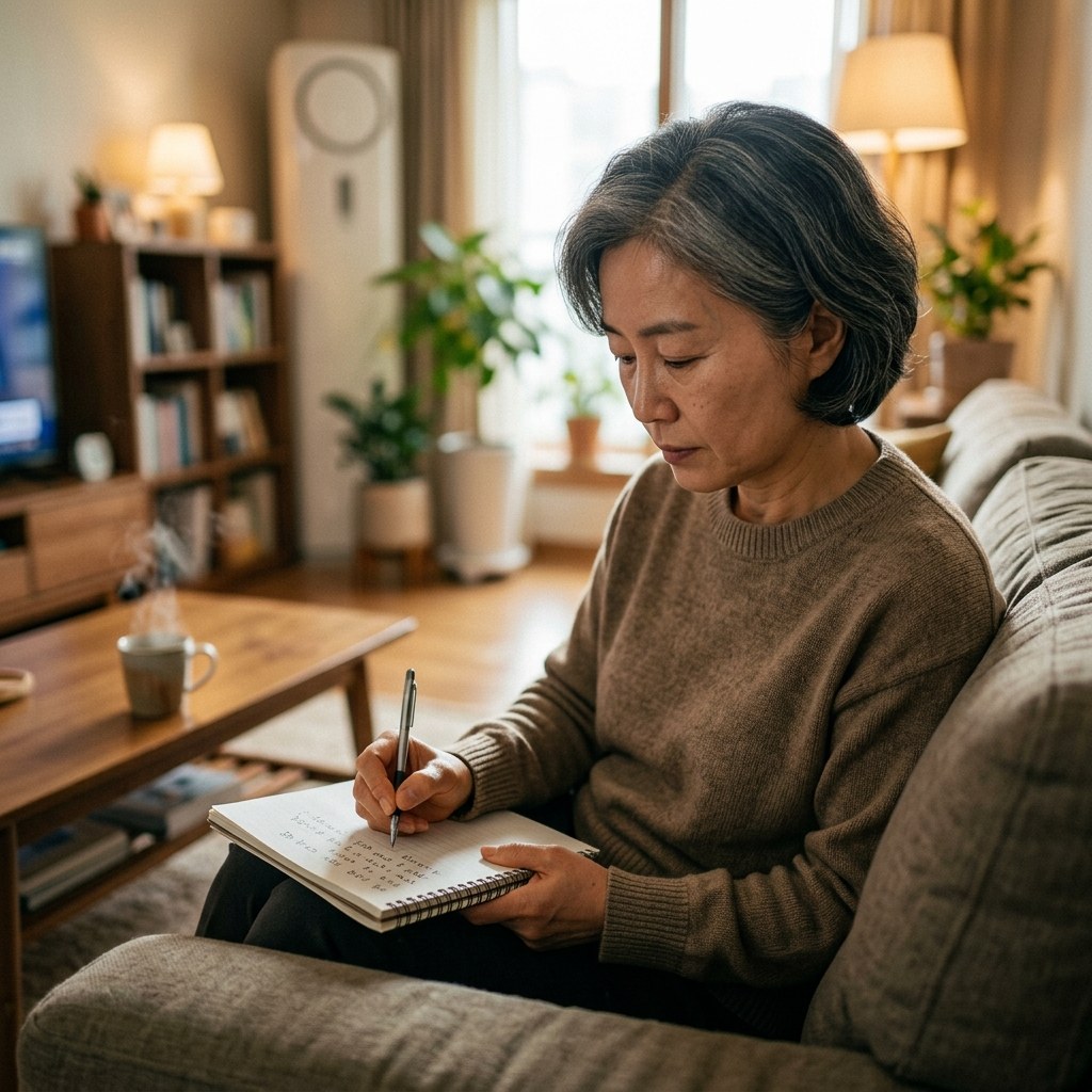 거실 소파에서 한국인 중년 여성이 노트에 손떨림 관찰 내용을 메모하는 장면, 따뜻한 실내 조명