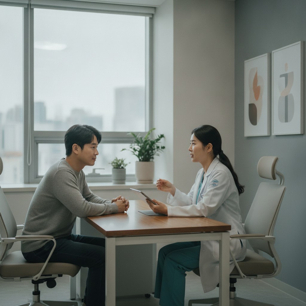 의사와 상담 중인 한국인 환자의 모습, 병원 진료실 내부, 차분하고 안정적인 분위기