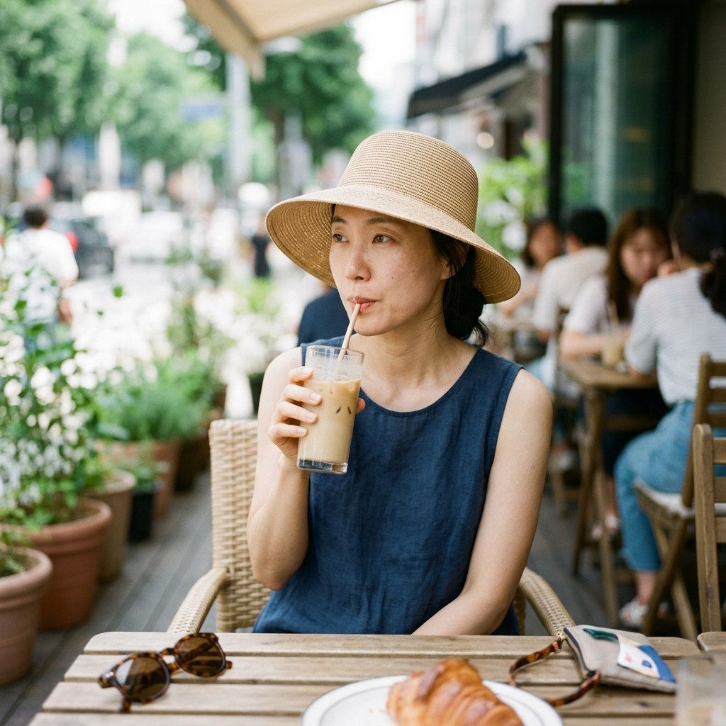 챙 넓은 밀짚모자를 쓴 여성이 야외 카페 테라스에서 음료를 마시고 있고, 테이블 위에 선글라스가 놓여 있는 장면