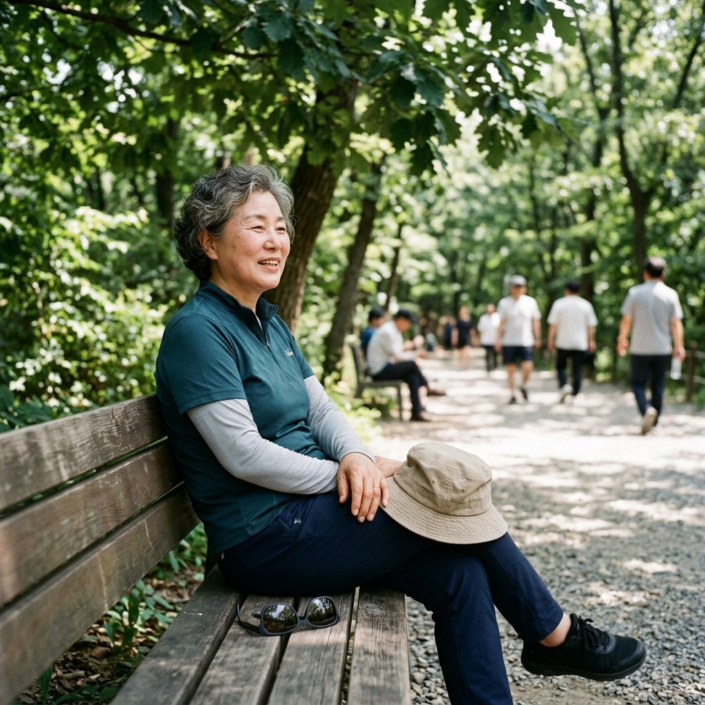 공원 산책로 그늘 벤치에 앉아 모자를 무릎에 올려놓고 휴식 중인 중년 여성, 옆에 놓인 선글라스