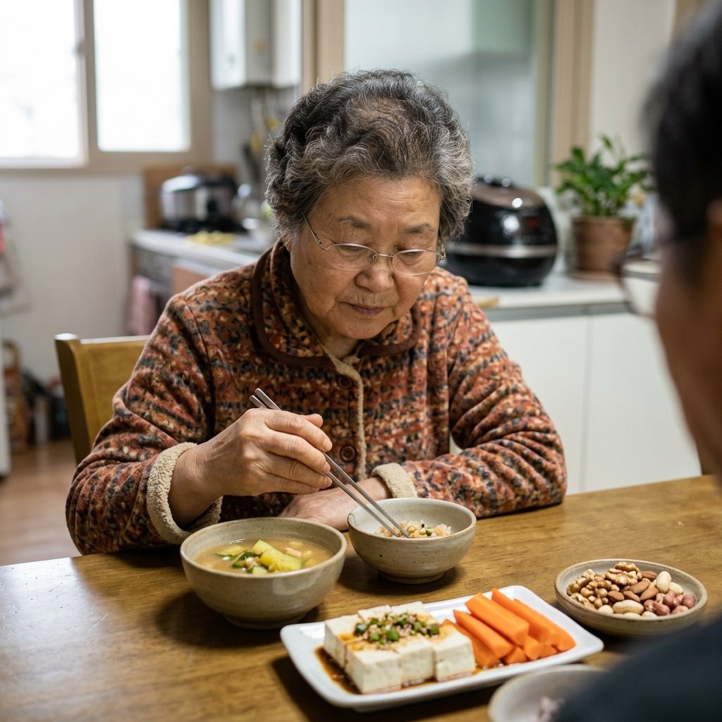 식탁 위에 놓인 두부와 당근, 작은 그릇에 담긴 견과류, 가벼운 된장국 한 그릇, 실내 조명 아래 차분한 분위기