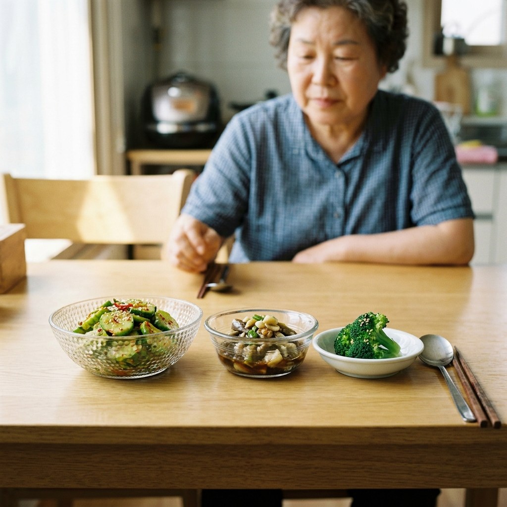 투명한 유리 그릇에 담긴 오이무침과 가지나물, 브로콜리 한 송이가 나란히 놓인 모습, 밝은 자연광 아래 흰색 식탁 배경