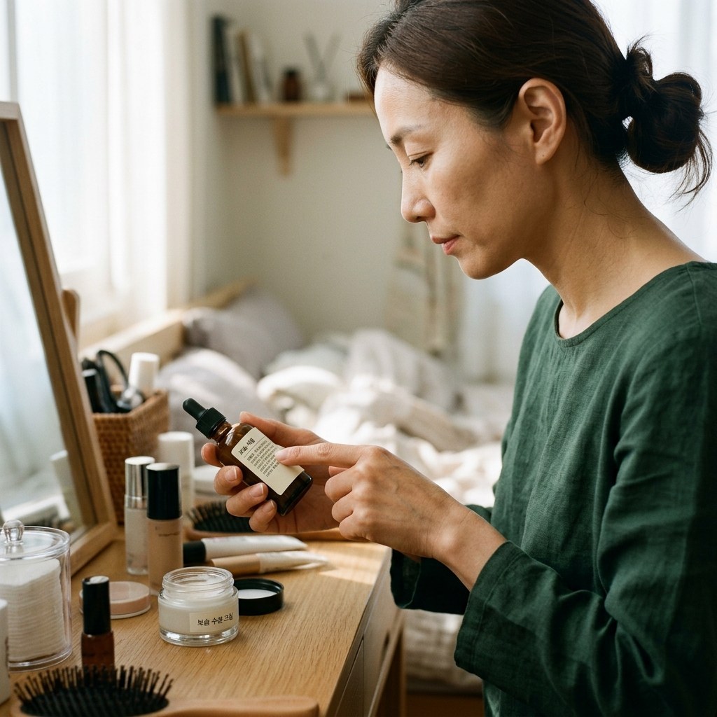 화장대 위에 놓인 보습 세럼과 크림 용기, 성분표를 확인하는 손 클로즈업