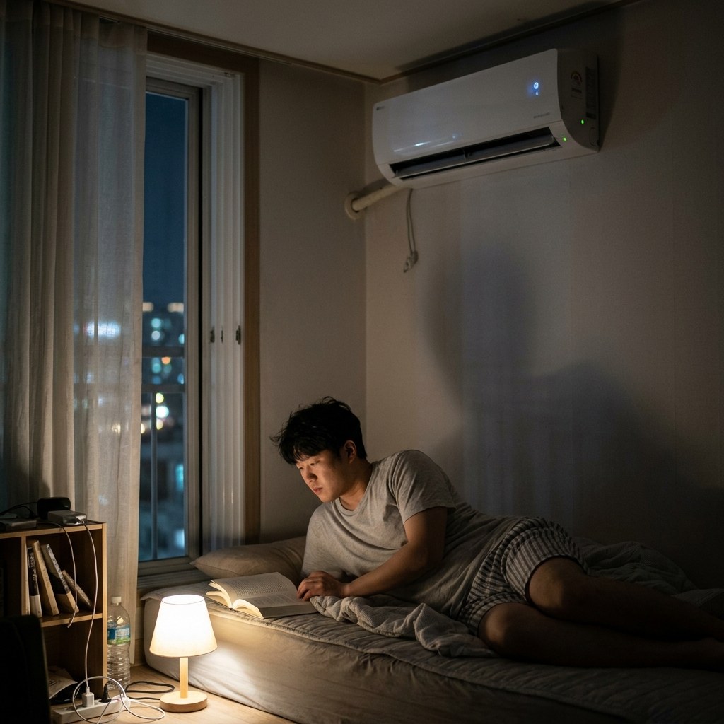 침대 옆 벽에 설치된 벽걸이 에어컨, 실내등은 꺼져 있고 에어컨 표시등만 희미하게 켜진 여름밤 침실 풍경