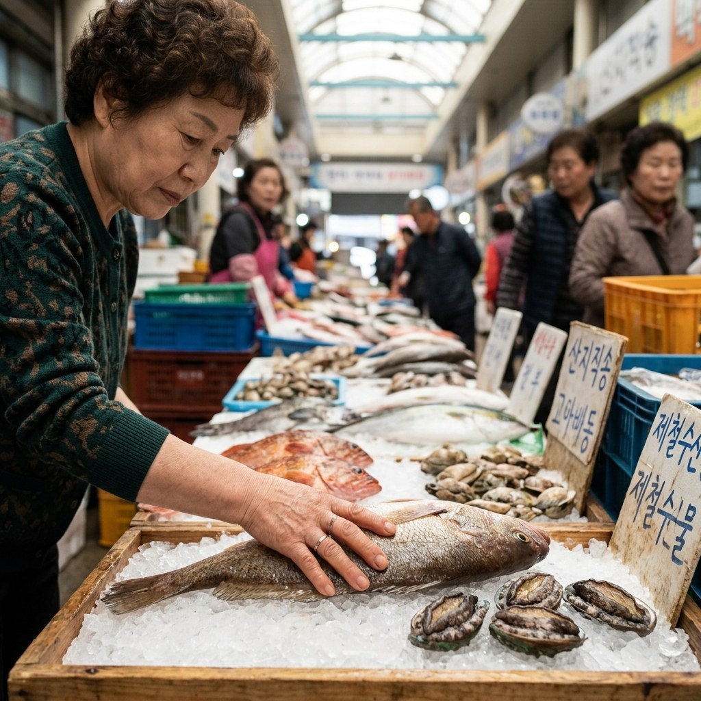 시장에서 싱싱한 민어와 전복을 고르는 60대 한국인 여성의 손, 수산물 좌판 위 얼음 위에 놓인 제철 생선들, 실내 자연광