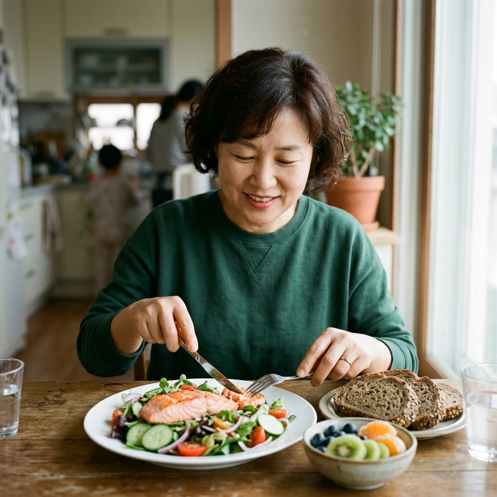 연어 샐러드와 통곡물 빵, 과일이 담긴 접시를 앞에 두고 식사 중인 중년 여성의 모습