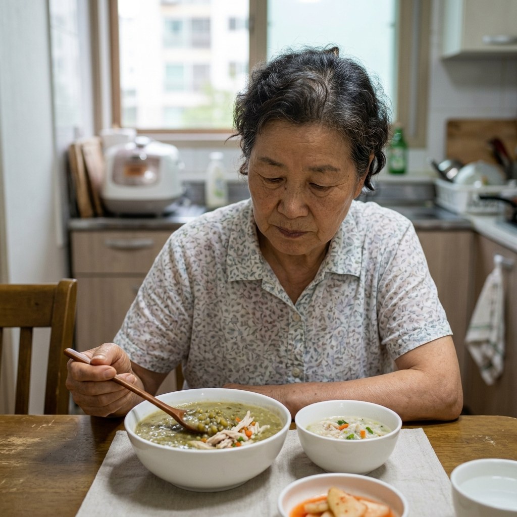 흰색 사기그릇에 담긴 부드러운 녹두죽과 닭가슴살 채소죽, 나무 숟가락이 놓인 여름 식탁