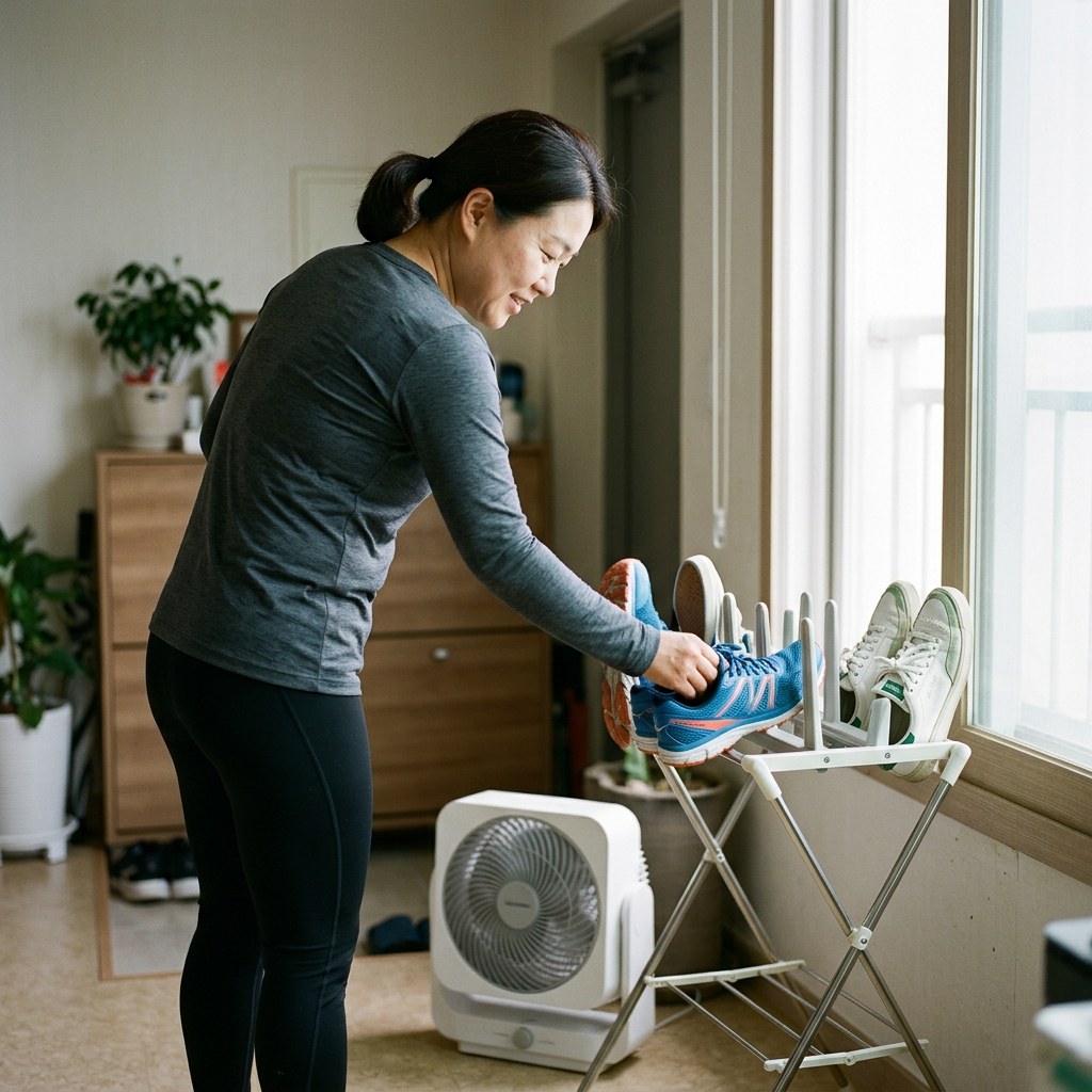 신발 건조대에 운동화를 올려 말리는 모습, 실내 공간, 선풍기 함께 배치된 장면