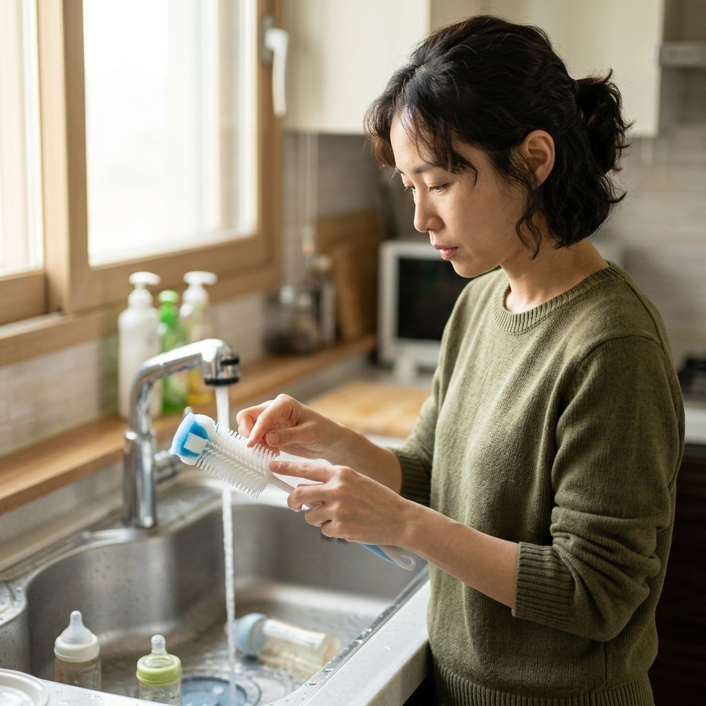 실내 주방 싱크대에서 젖병 솔을 들고 스펀지 부분을 자세히 살피는 30대 초반 여성의 모습, 자연광, 청결한 환경