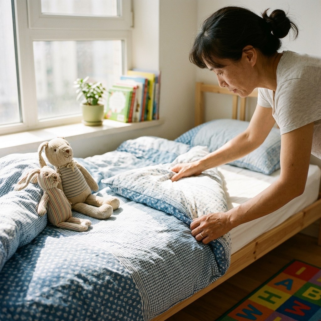 침대 위 이불을 정리하는 부모 손과 곁에 놓인 패브릭 인형, 창가로 햇빛이 들어오는 아이 방