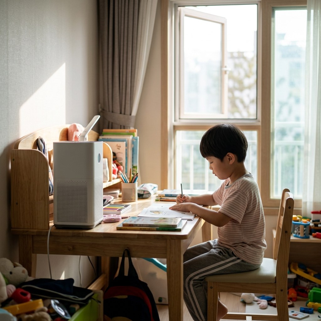 공기청정기가 놓인 아이 방 책상 위, 창문이 열려 있고 햇빛이 들어오는 실내