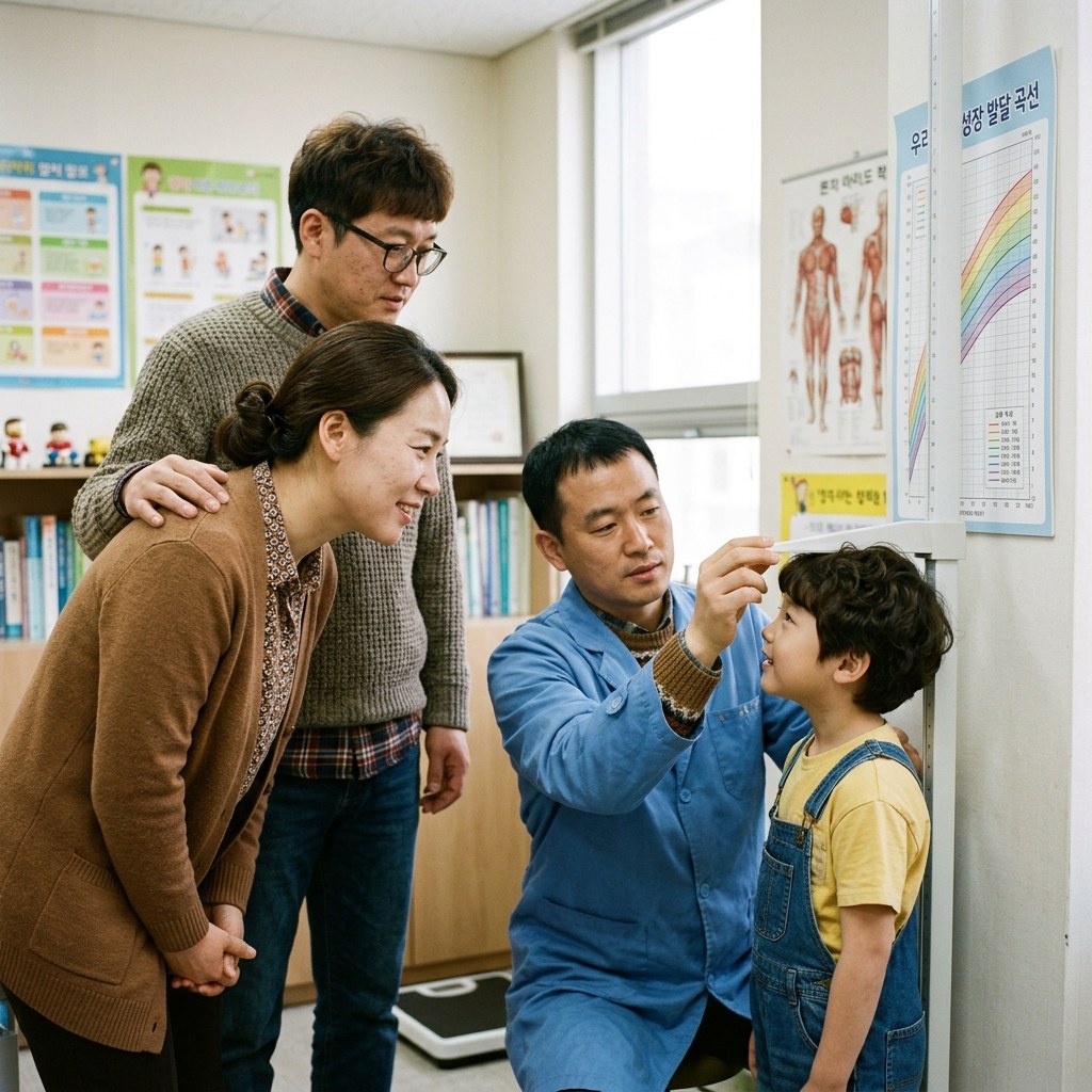 성장 곡선 차트와 측정용 신장계 앞에서 아이의 키를 재는 소아과 의사와 부모의 모습, 진료실 실내
