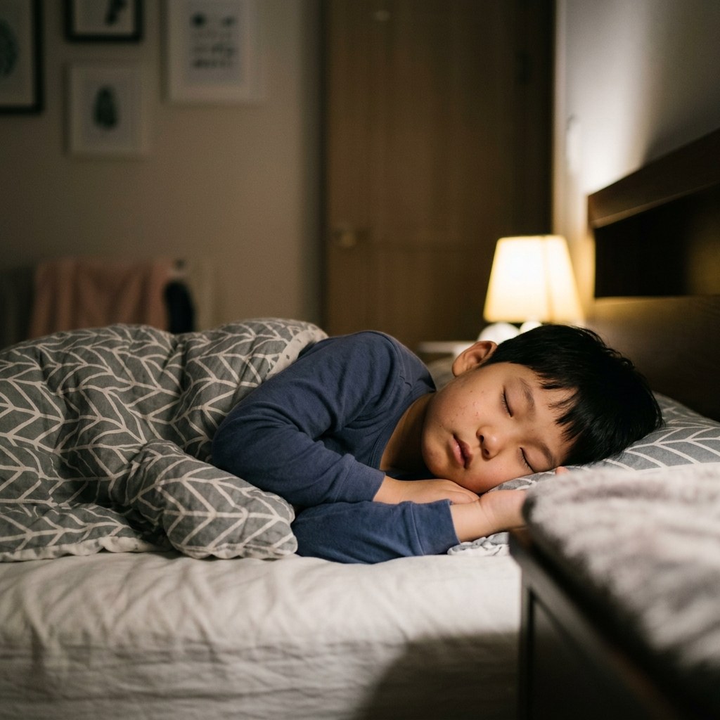 침대에서 편안히 코로 숨쉬며 깊은 잠에 든 아이의 옆모습, 안정적인 수면 자세를 보여주는 실내 야간 조명