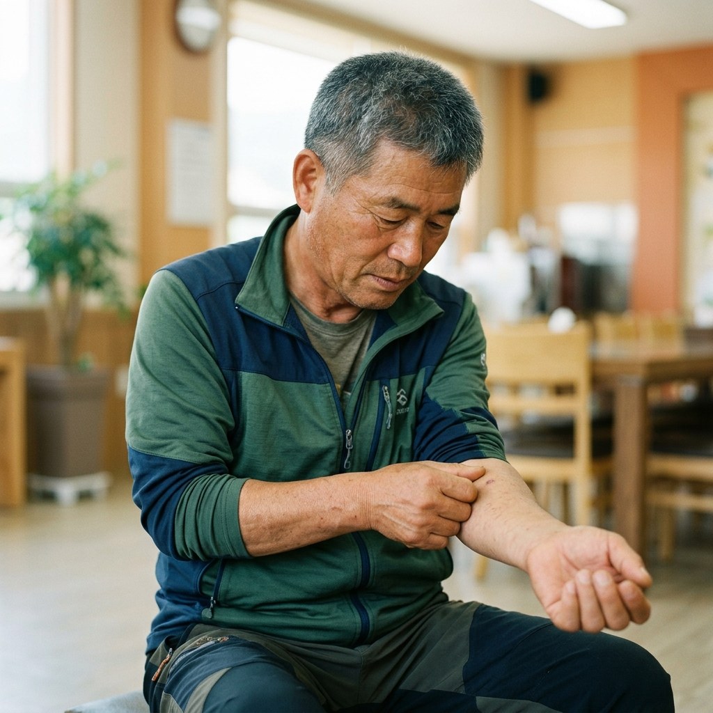 등산복 차림의 60대 한국인이 팔목 피부를 꼼꼼히 살피고 있는 모습, 실내 밝은 조명