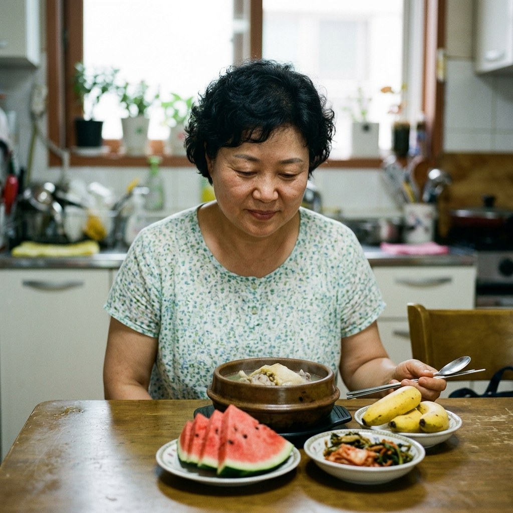 식탁에 놓인 삼계탕과 수박, 바나나가 함께 담긴 여름 식단을 바라보는 중년 여성의 모습
