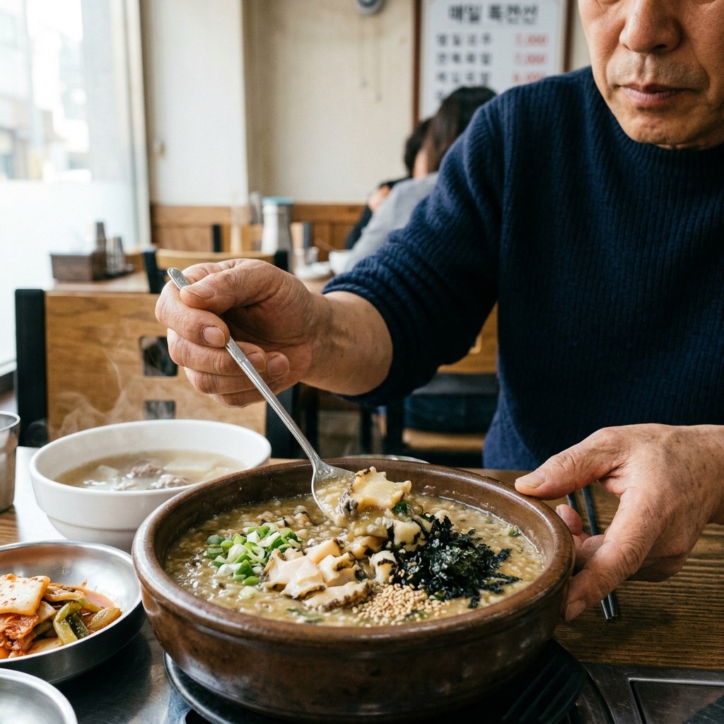 전복죽과 따뜻한 국물이 담긴 그릇 앞에서 수저를 들고 있는 중년 남성의 손