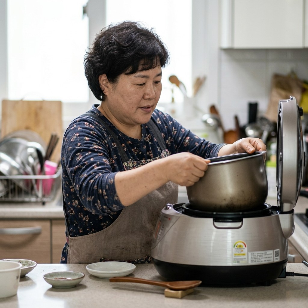 압력밥솥 내솥을 양손으로 잡고 팔꿈치를 옆구리 양쪽에 밀착시킨 채 들어 올리는 장면, 손목이 팔뚝과 일직선을 이루는 중립 상태