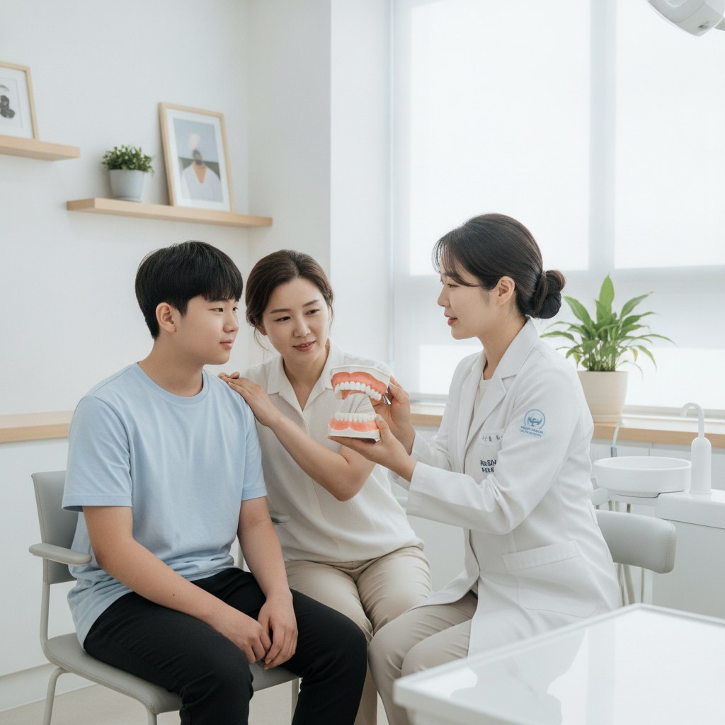 치과 진료실에서 치아 모형을 들고 설명을 듣고 있는 한국인 청소년과 보호자, 밝고 안정적인 분위기