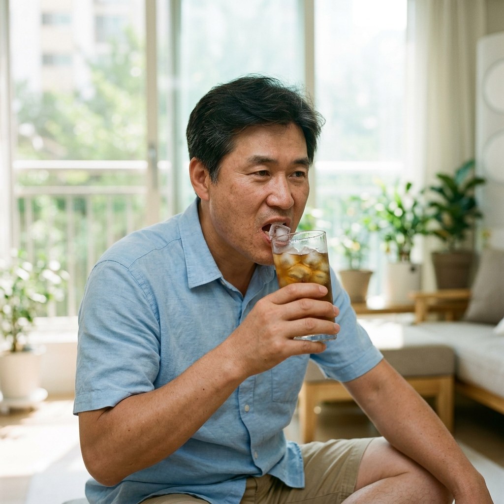여름날 실내에서 얼음이 든 찬 음료를 마시며 얼음을 씹고 있는 중년 남성의 모습, 창밖으로 햇빛이 들어오는 밝은 분위기