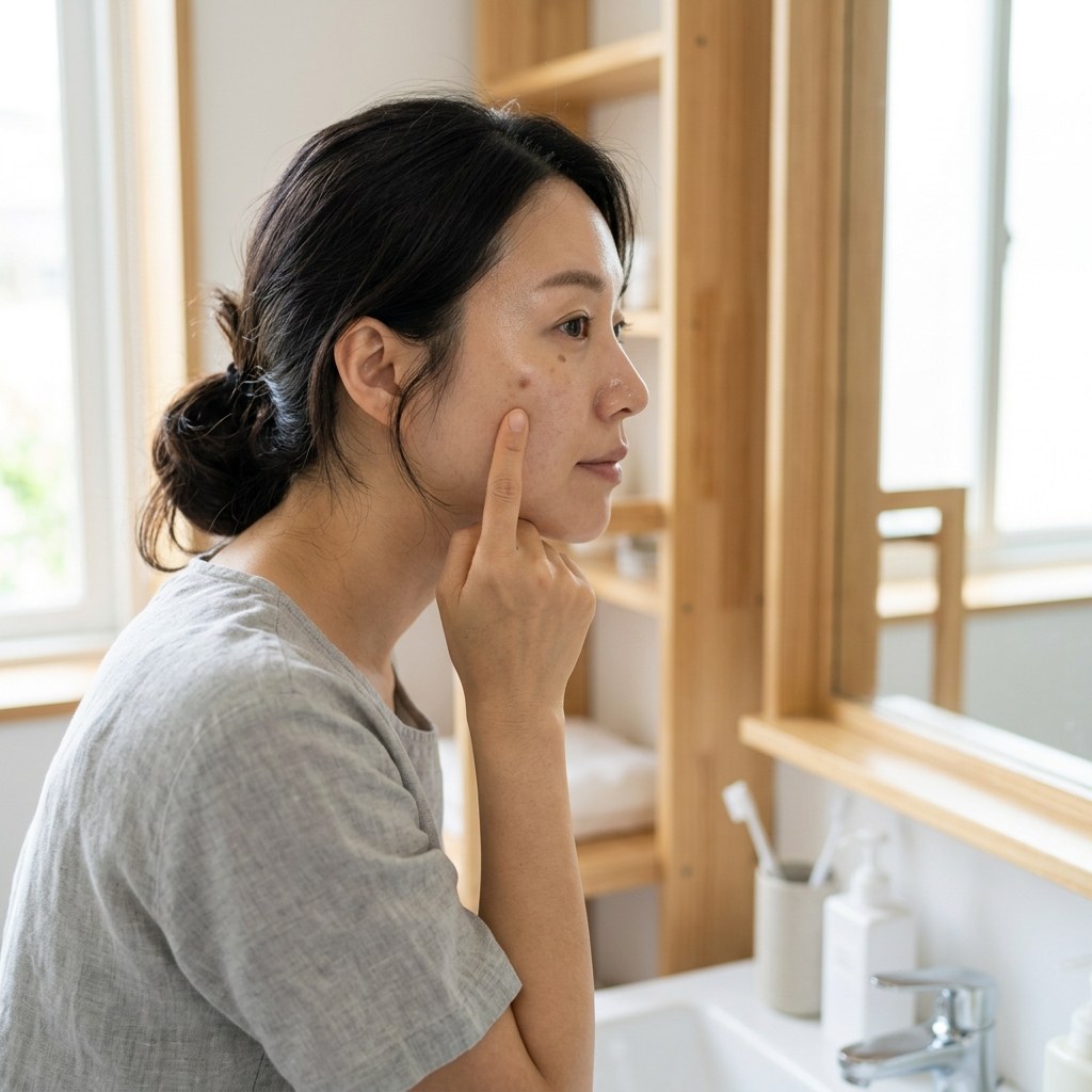 밝은 실내에서 거울을 보며 볼 위 잡티를 손가락으로 가리키는 30대 한국인 여성의 옆모습