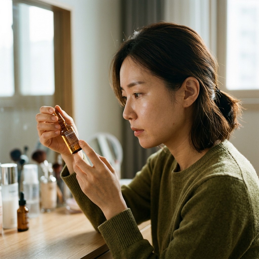실내 화장대 앞에서 앰플 용기를 들고 성분표를 살피는 30대 한국인 여성의 손과 얼굴 일부