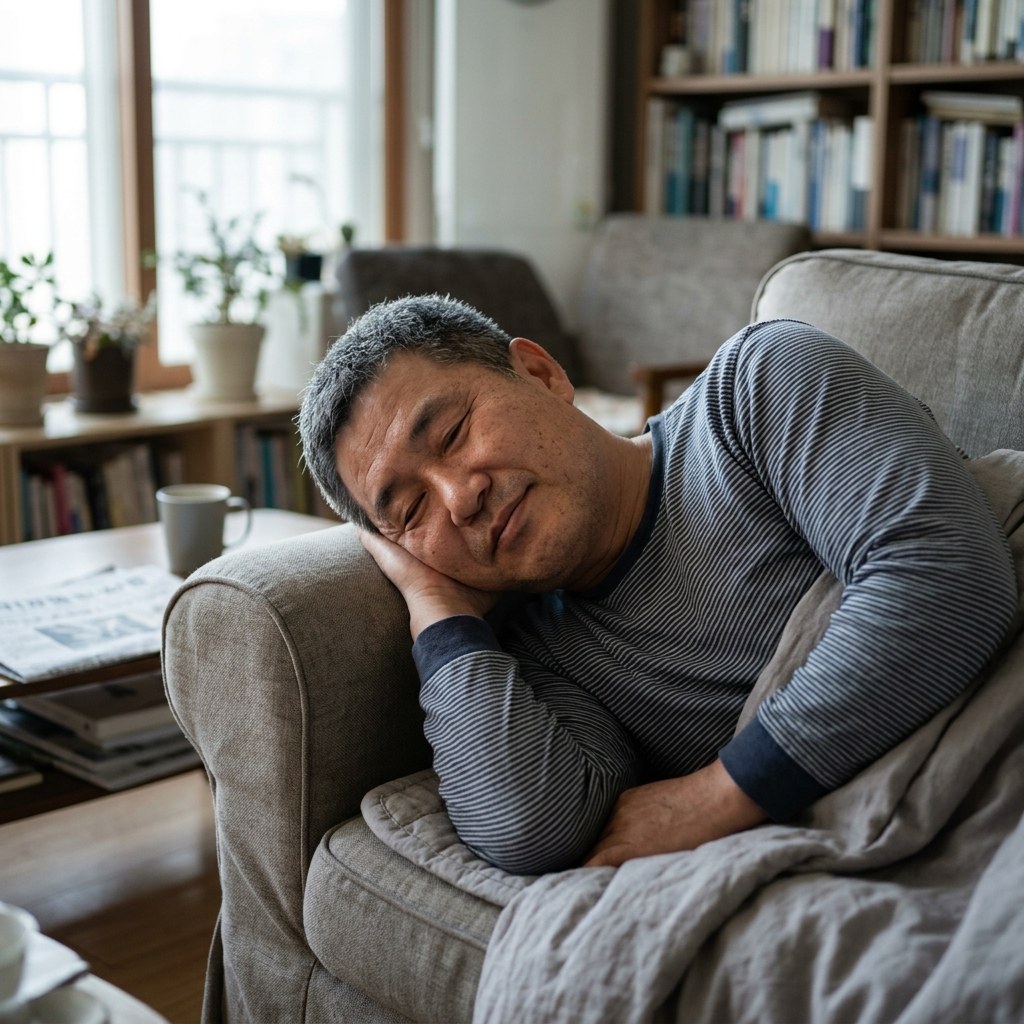 소파 팔걸이에 머리를 기댄 채 옆으로 누워 자는 중년 남성의 모습