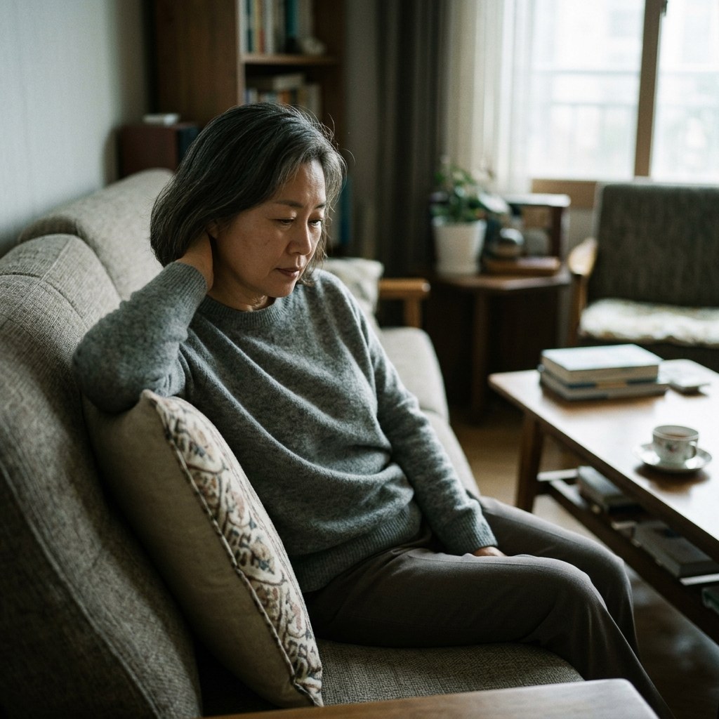소파 팔걸이 앞에 쿠션을 받쳐 어깨와 목 높이를 맞춘 모습