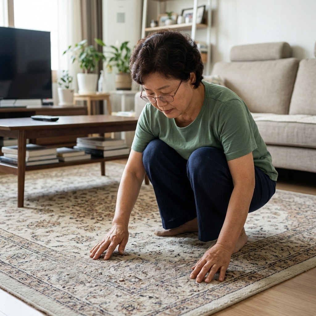 거실 바닥에 깔린 대형 카펫 위로 먼지가 쌓인 모습, 50대 중반 여성이 무릎을 굽혀 카펫 상태를 살피고 있는 실내 장면