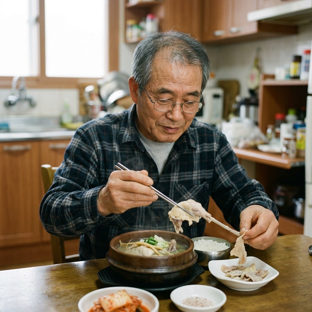 70대 초반 남성이 실내 식탁에서 삼계탕 속 닭고기 껍질을 젓가락으로 분리해 접시 한쪽에 덜어놓는 장면