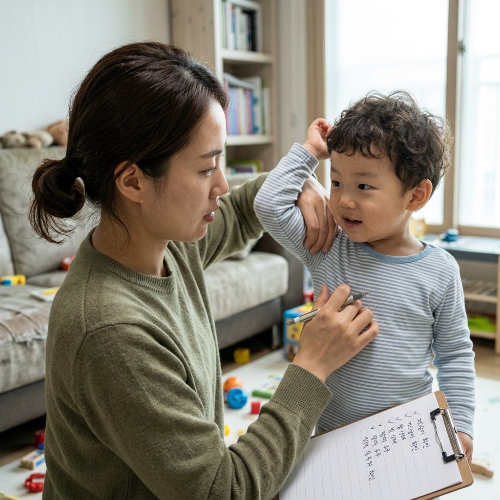아이의 겨드랑이와 발을 살피는 부모의 손, 체크리스트를 들고 있는 모습