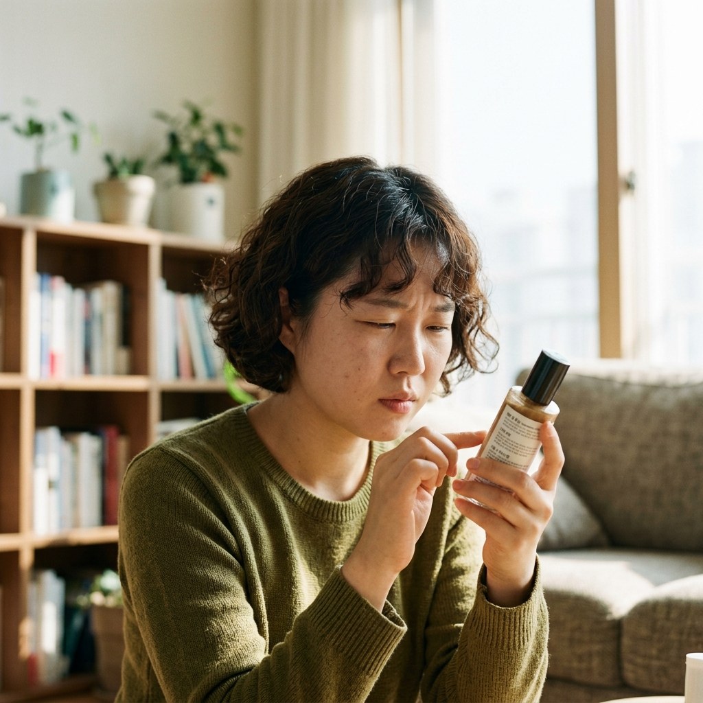 여성이 화장품 용기 뒷면 성분표를 자세히 읽고 있는 모습, 밝은 실내 배경