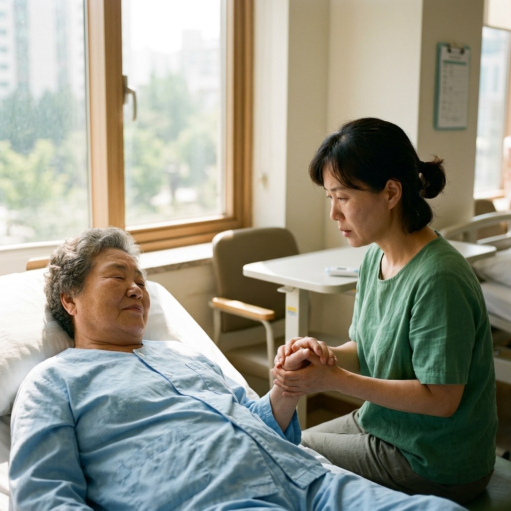 요양병원 병실에서 보호자가 70대 어머니의 손을 잡고 체온과 컨디션을 살피는 모습, 창밖으로 여름 햇살이 강하게 들어오는 장면