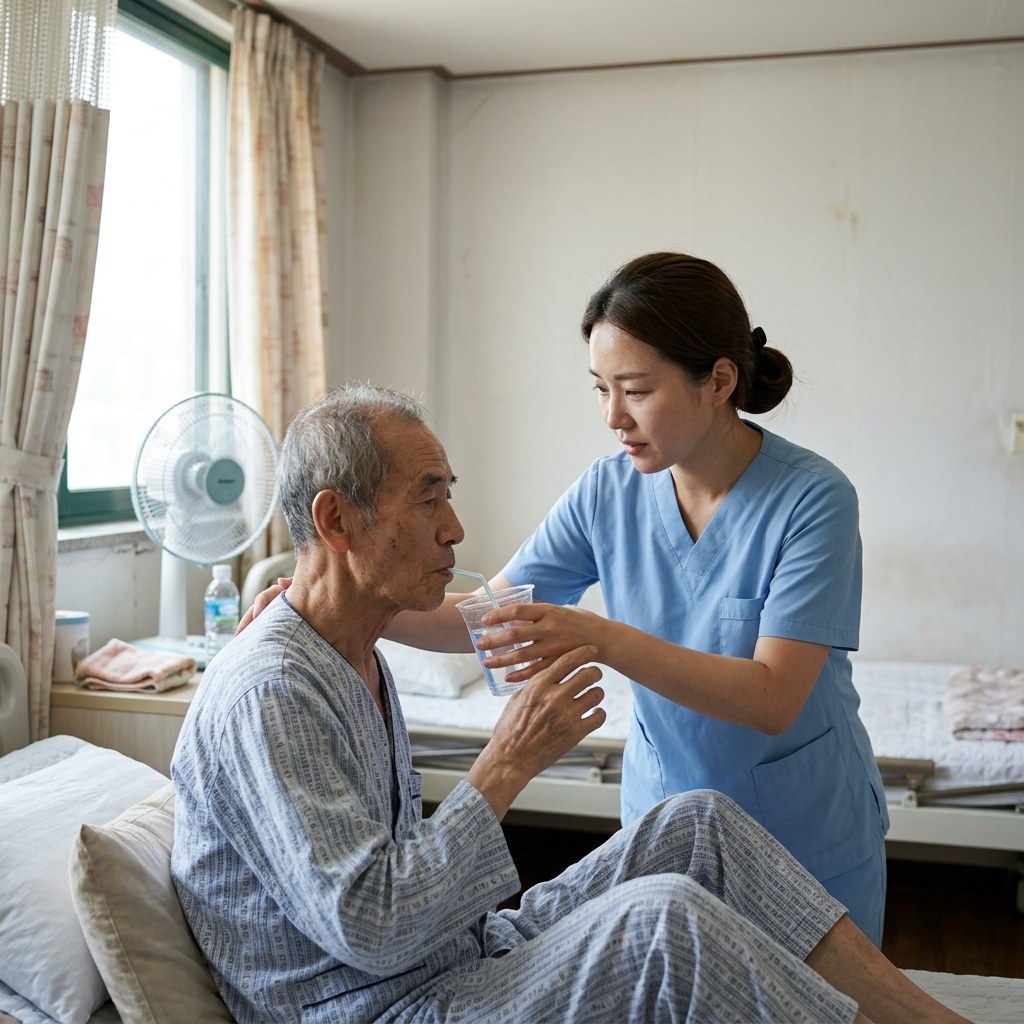 요양병원 간호사가 침대에 누워계신 70대 환자분께 물컵을 건네며 수분 섭취를 돕는 장면, 병실 안 선풍기와 창문 커튼이 보이는 실내