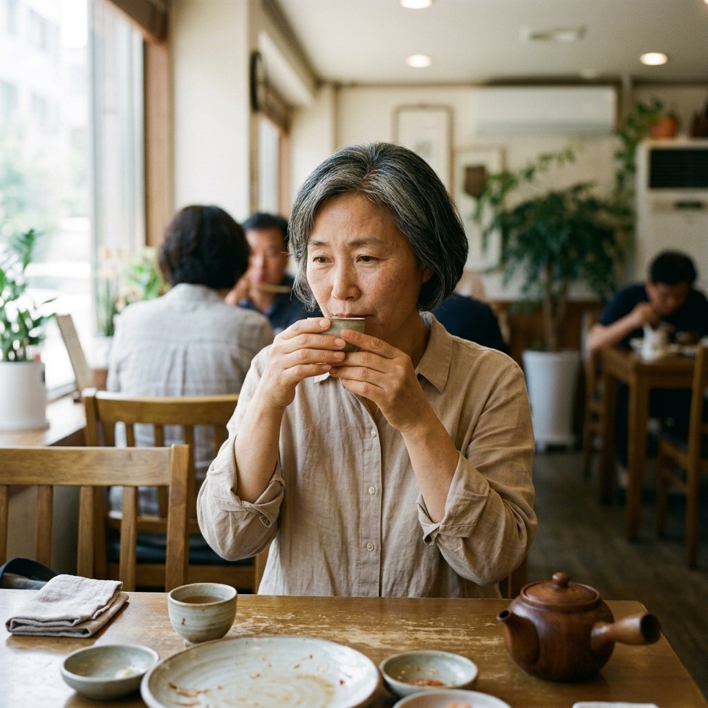 식탁에 앉아 식사를 마친 뒤 바른 자세로 앉아 차를 마시는 중년 여성, 실내 식당 배경, 얇은 긴팔 블라우스 착용