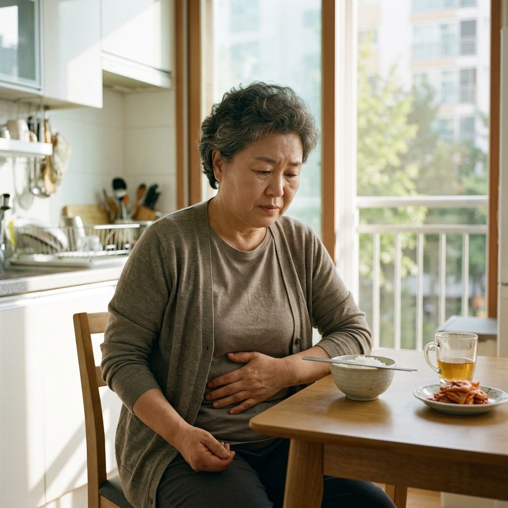 식탁에 앉아 젓가락을 내려놓고 배를 손으로 감싸 쥐고 있는 중년 여성, 창밖으로 오전 햇살이 들어오는 밝은 주방 배경