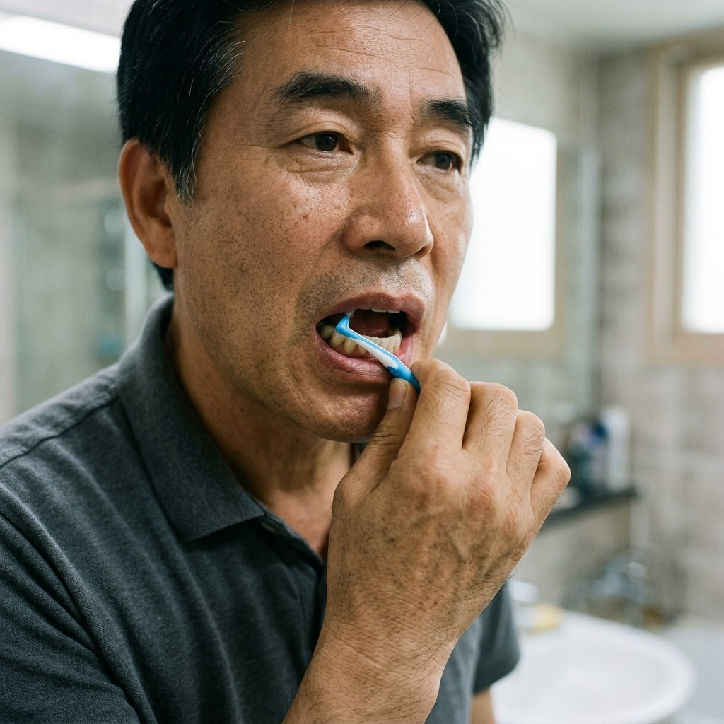 치간칫솔로 임플란트 보철 주변을 조심스럽게 닦는 중년 남성의 손 클로즈업
