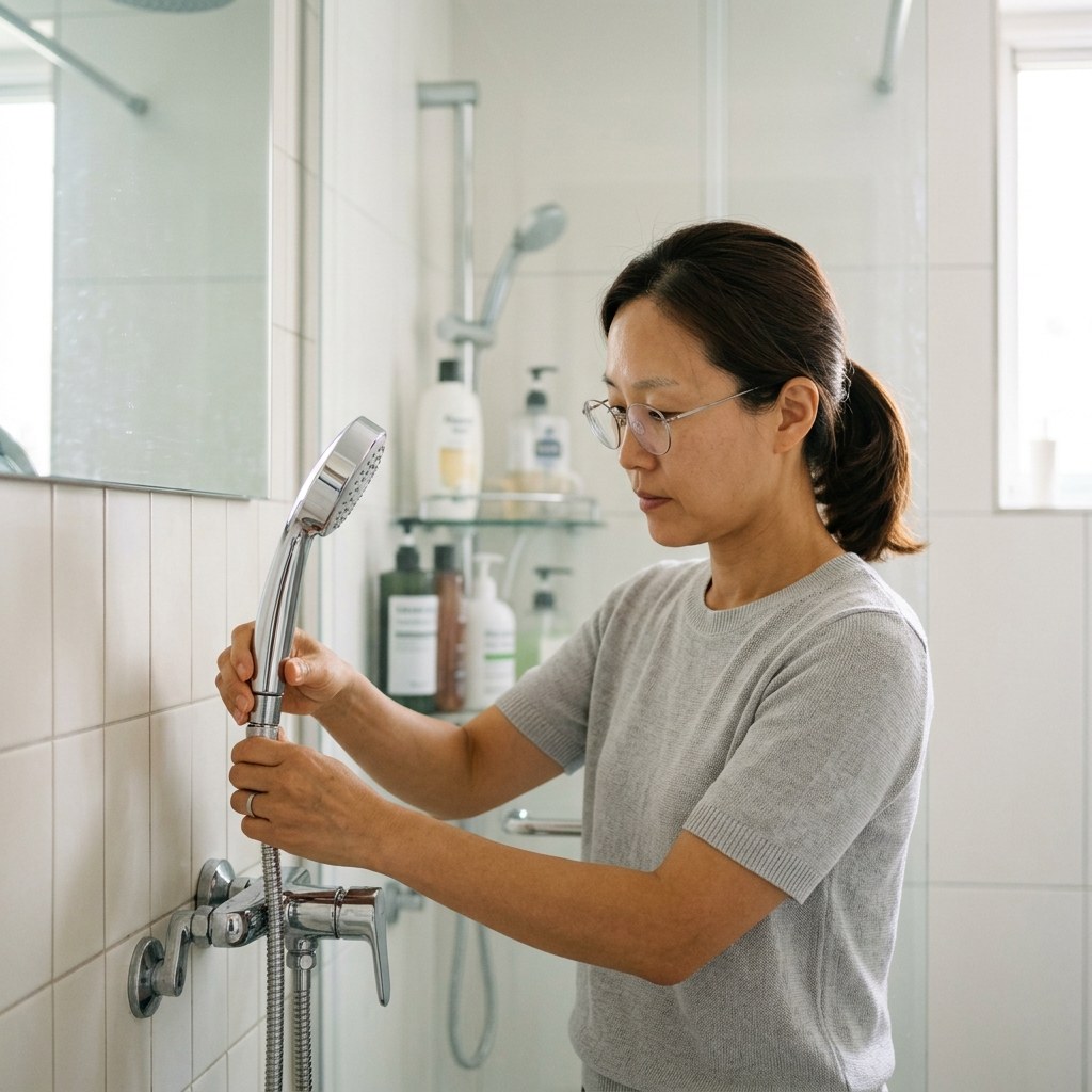 40대 여성이 새 샤워기 헤드를 수전에 연결하며 교체 작업 중인 장면, 밝은 욕실 조명, 반팔 티셔츠
