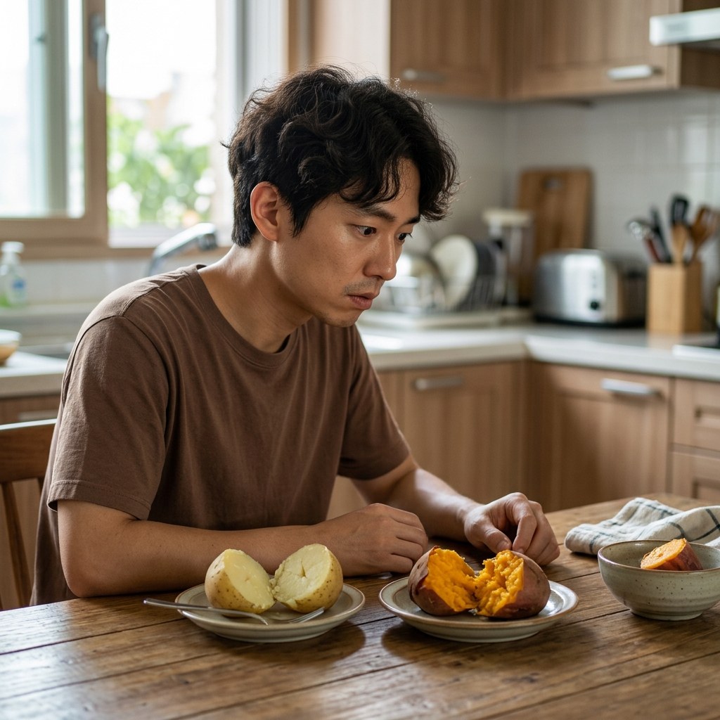식탁 위에 놓인 삶은 감자와 찐 고구마의 단면을 비교하는 장면
