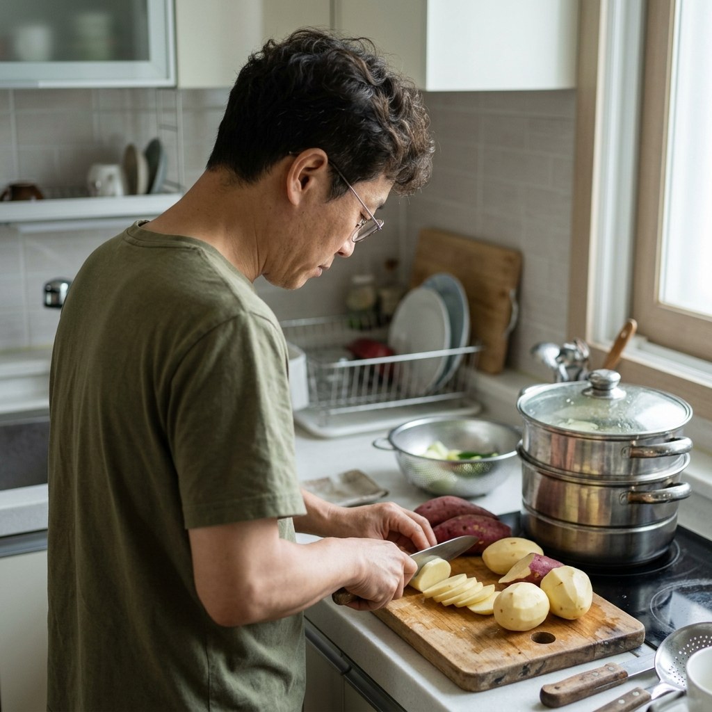 도마 위에서 껍질을 씻은 감자와 고구마를 찌기 위해 준비하는 모습