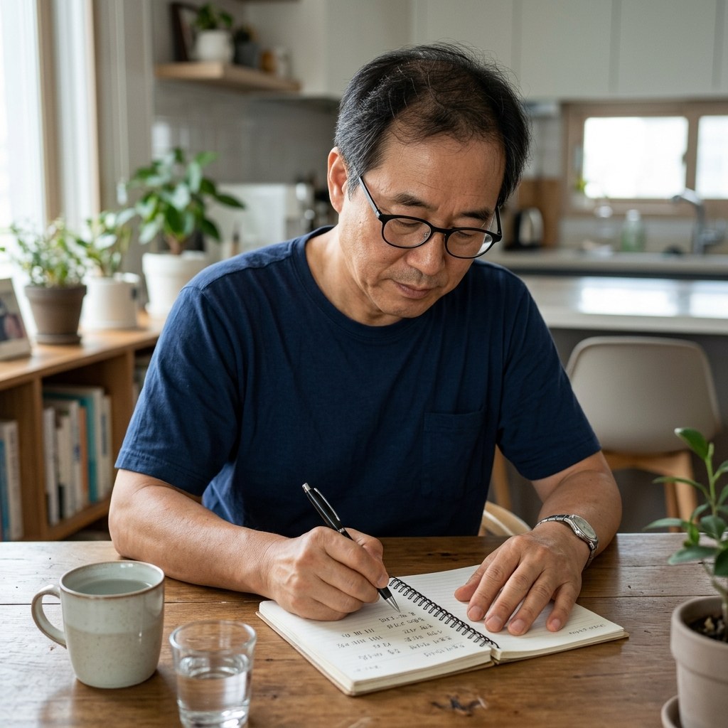 식탁에 앉아 수첩에 그날의 컨디션과 수면 시간, 물 마신 횟수를 꼼꼼히 적고 있는 중장년 남성의 모습
