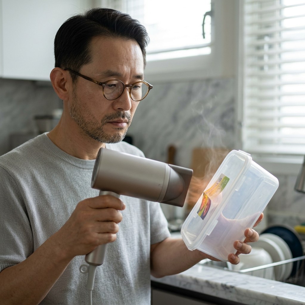 드라이기를 밀폐용기 스티커에 가까이 대고 있는 장면, 따뜻한 바람이 나오는 모습